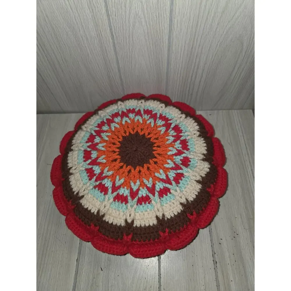Vtg Hand Crochet Double Sided Scalloped Granny Round Muti Color Throw Pillow 11